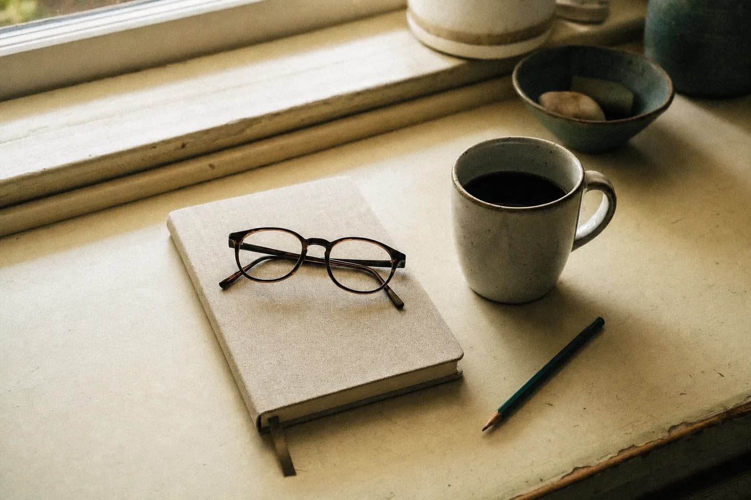 A quiet desk beside a window — notebook, pencil, reading glasses, and a mug in soft daylight.