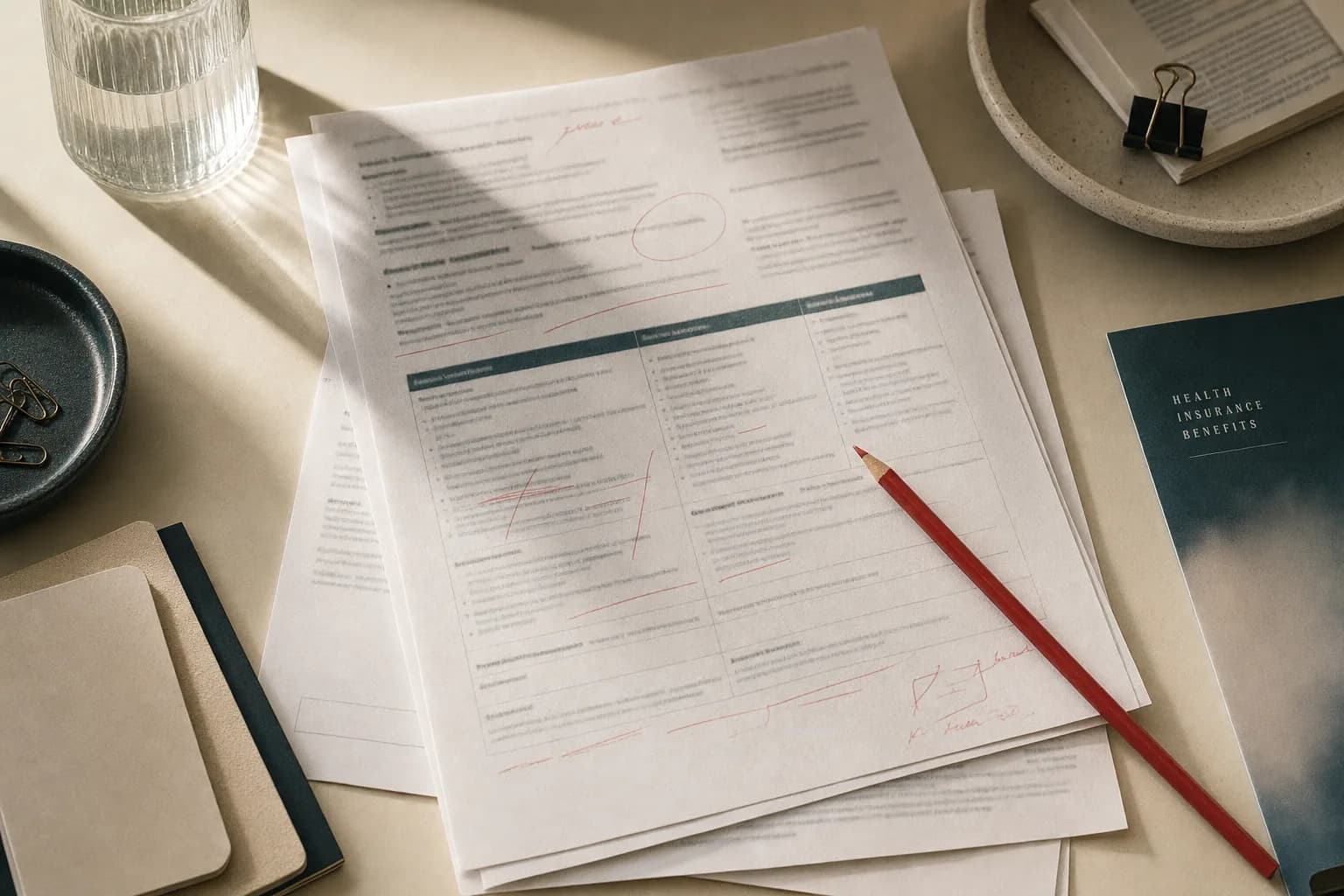 A stack of printed health-insurance benefit documents on a desk, the top page marked up by hand with a red editing pencil.