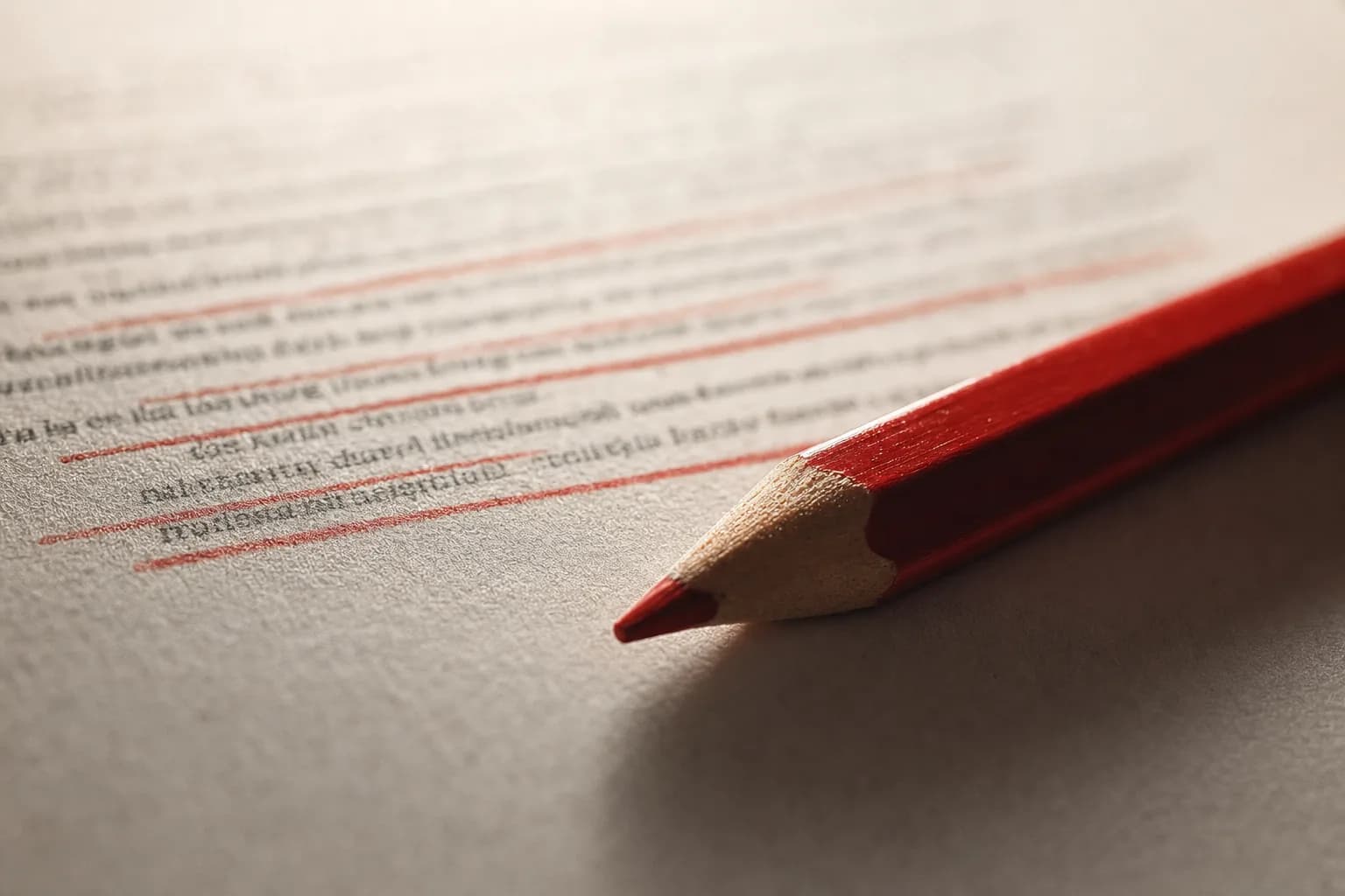 Close-up of a red editing pencil resting on a printed page with several lines struck through.